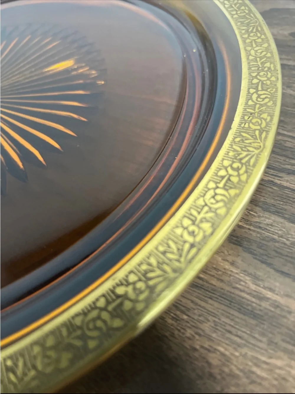 Vintage Amber Glass Serving Platter with Gold-Tone Rim